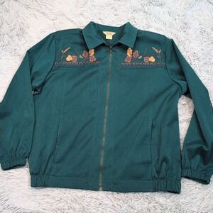 Vintage Teddi Jacket Womens M Green Lightweight Coat Stretch Pockets Embroidery